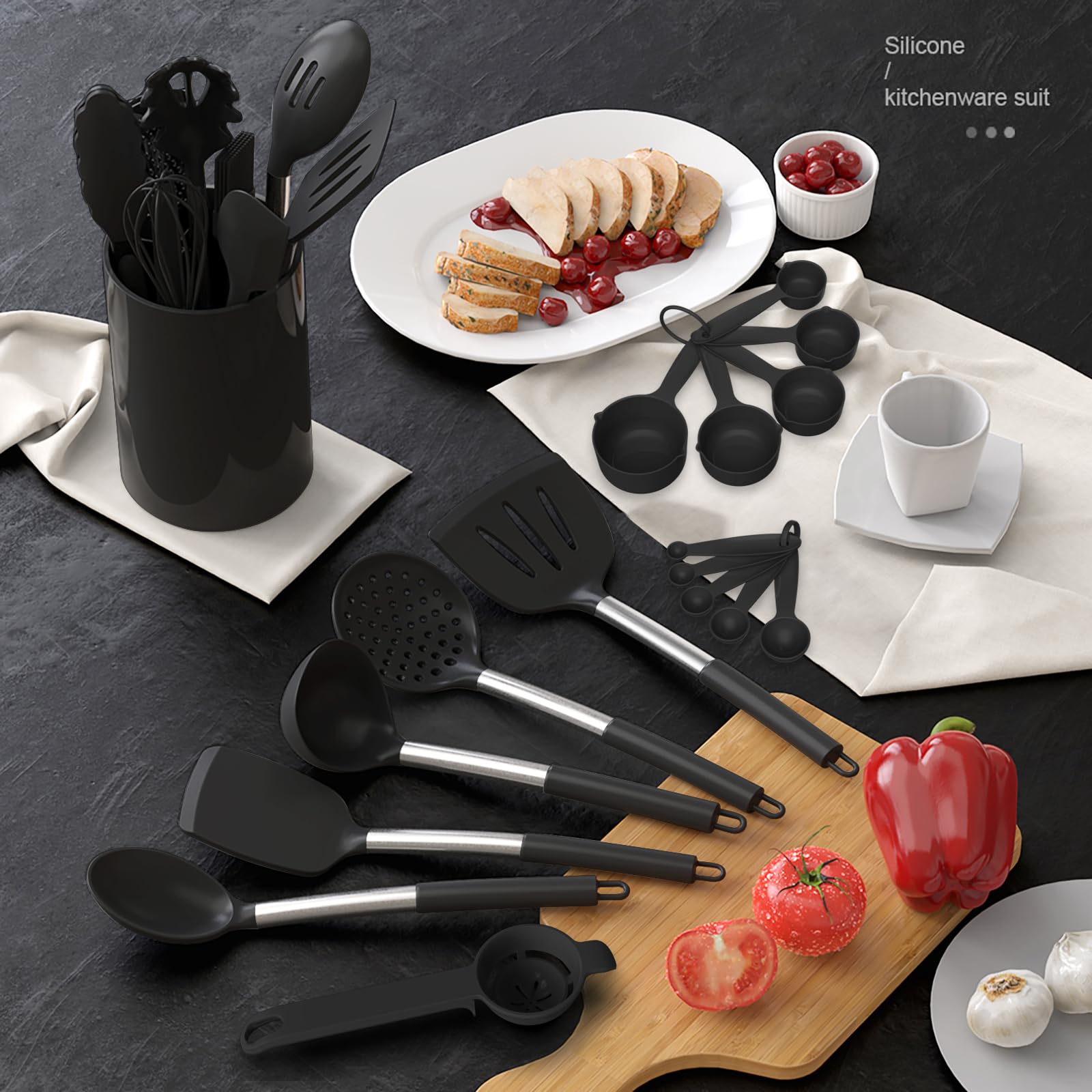39 PCS Kitchen Utensils Set, Silicone Cooking Utensils Set with Wooden Handle, 446°F Heat Resistant Food Grade Utensil Sets, BPA Free Kitchen Gadgets Tools Set for Nonstick Cookware
