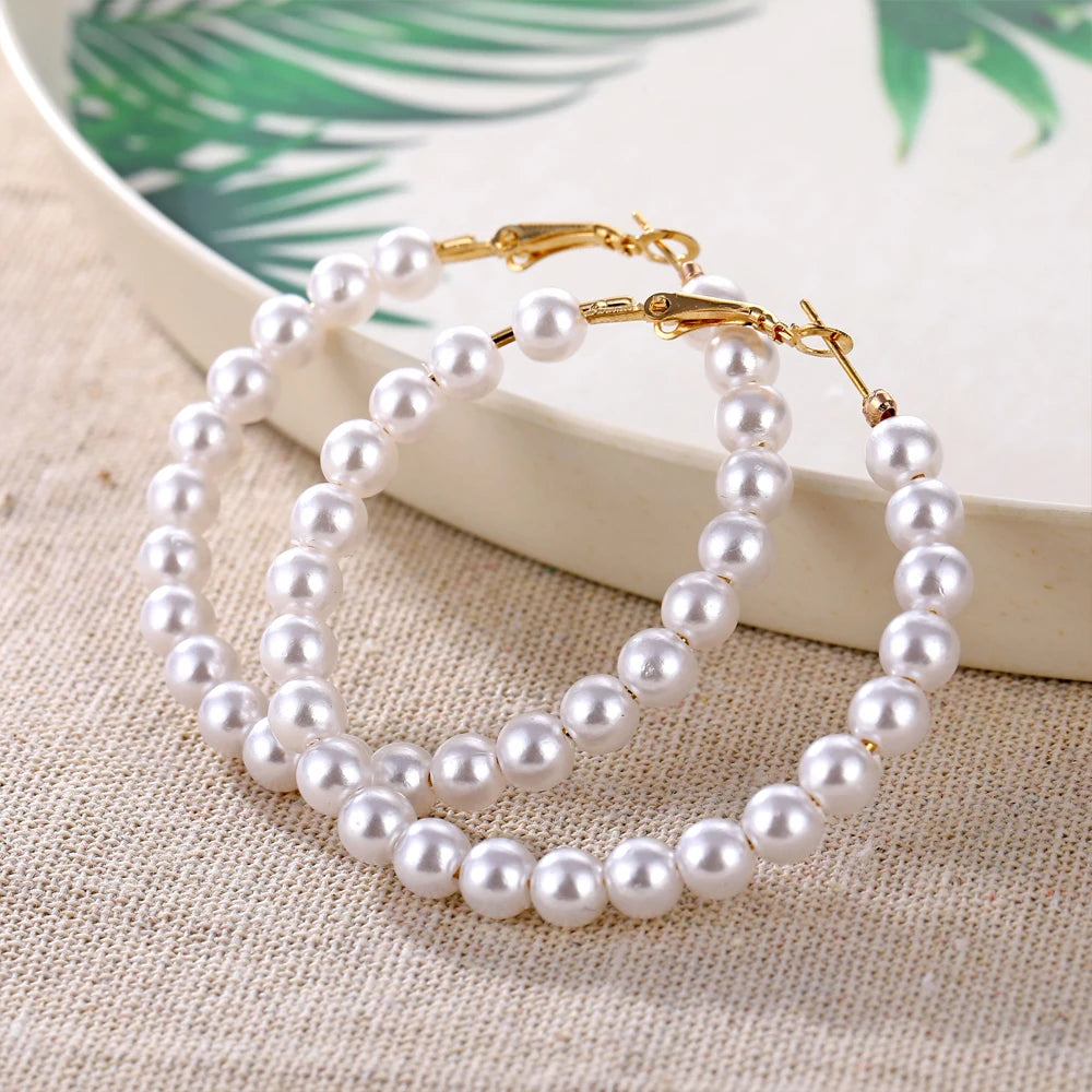 Fashion Korean Imitation Pearl Circle Hoop Earrings Women's Gold Color Round White Pearl Big Earrings Brincos Jewelry