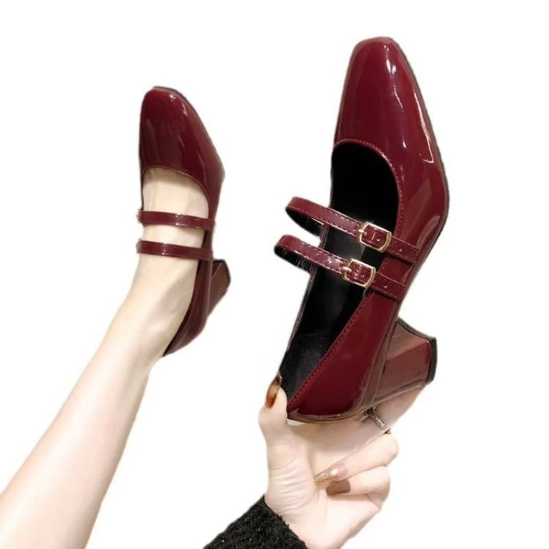 2024 Spring Autumn Women Double Buckle Mary Janes Patent Leather Dress Shoes High Heels Pumps Retro Ladies Shoe Black Red