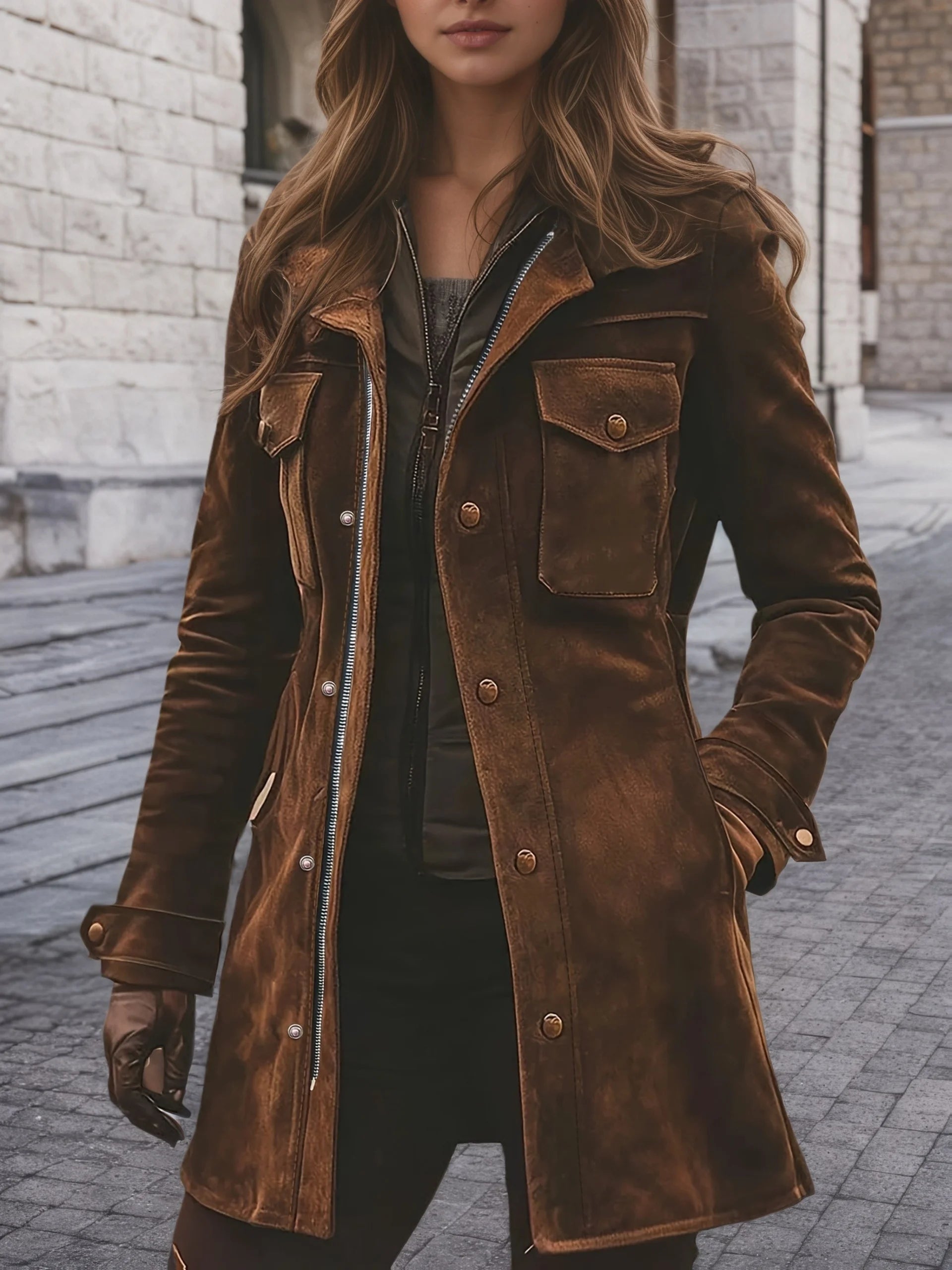 Women's brown vintage suede windbreaker: notch collar mid length jacket, button and zipper closure, patch pocket, vintage trend
