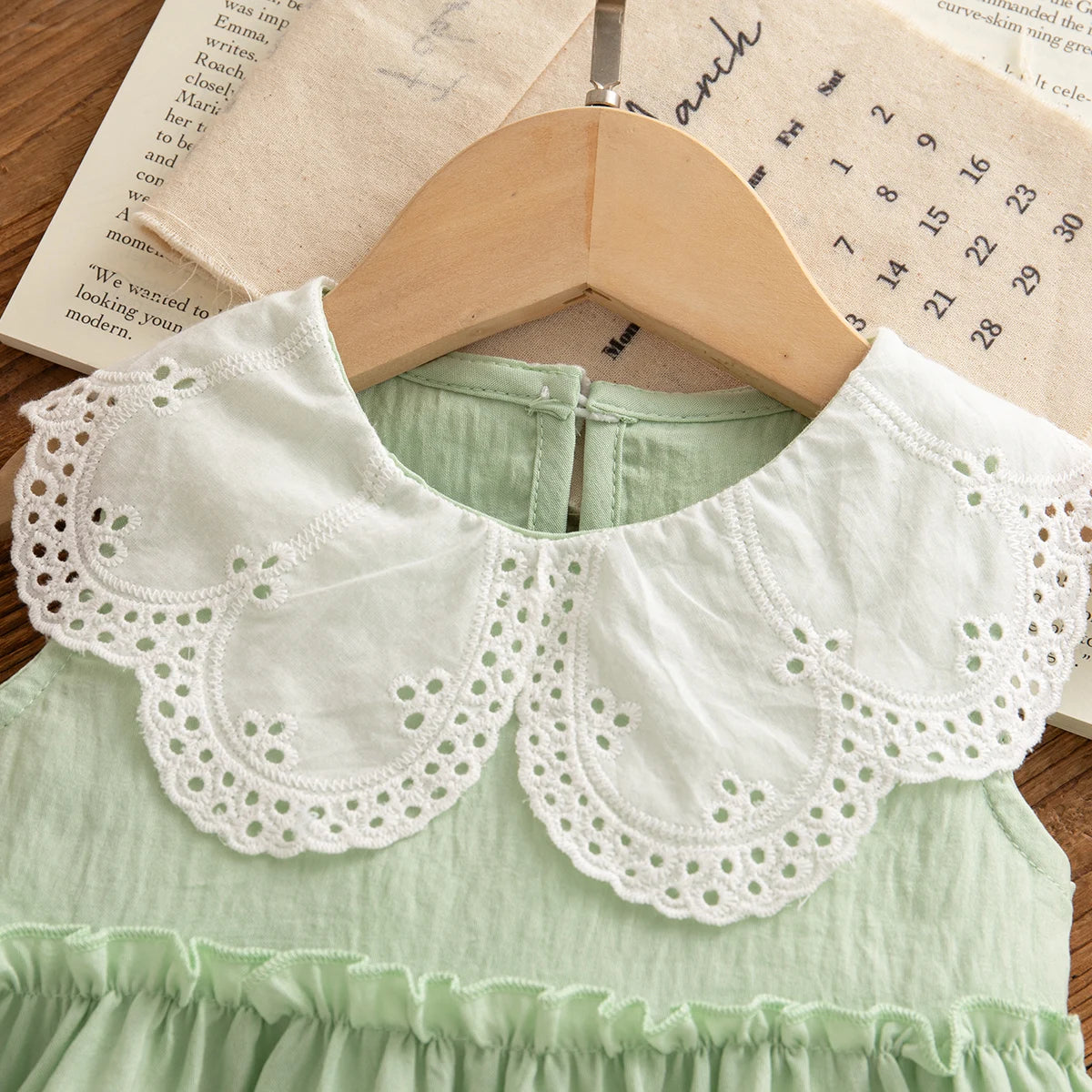 Summer New Solid Color Lace Trim Doll Neck Gentle Baby Dresses Cute Casual Baby Girl's Girl Princess Dresses