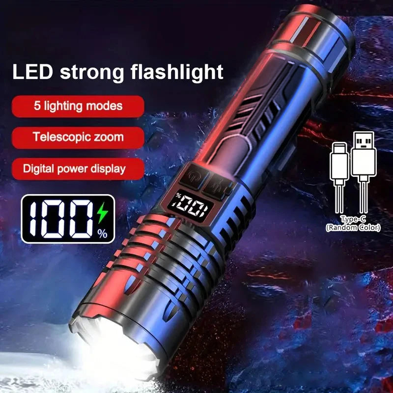 High Lumen Waterproof Tactical Flashlight - 5 Modes, Rechargeable, High Brightness, Durable ABS for Outdoor, Camping, Emergency
