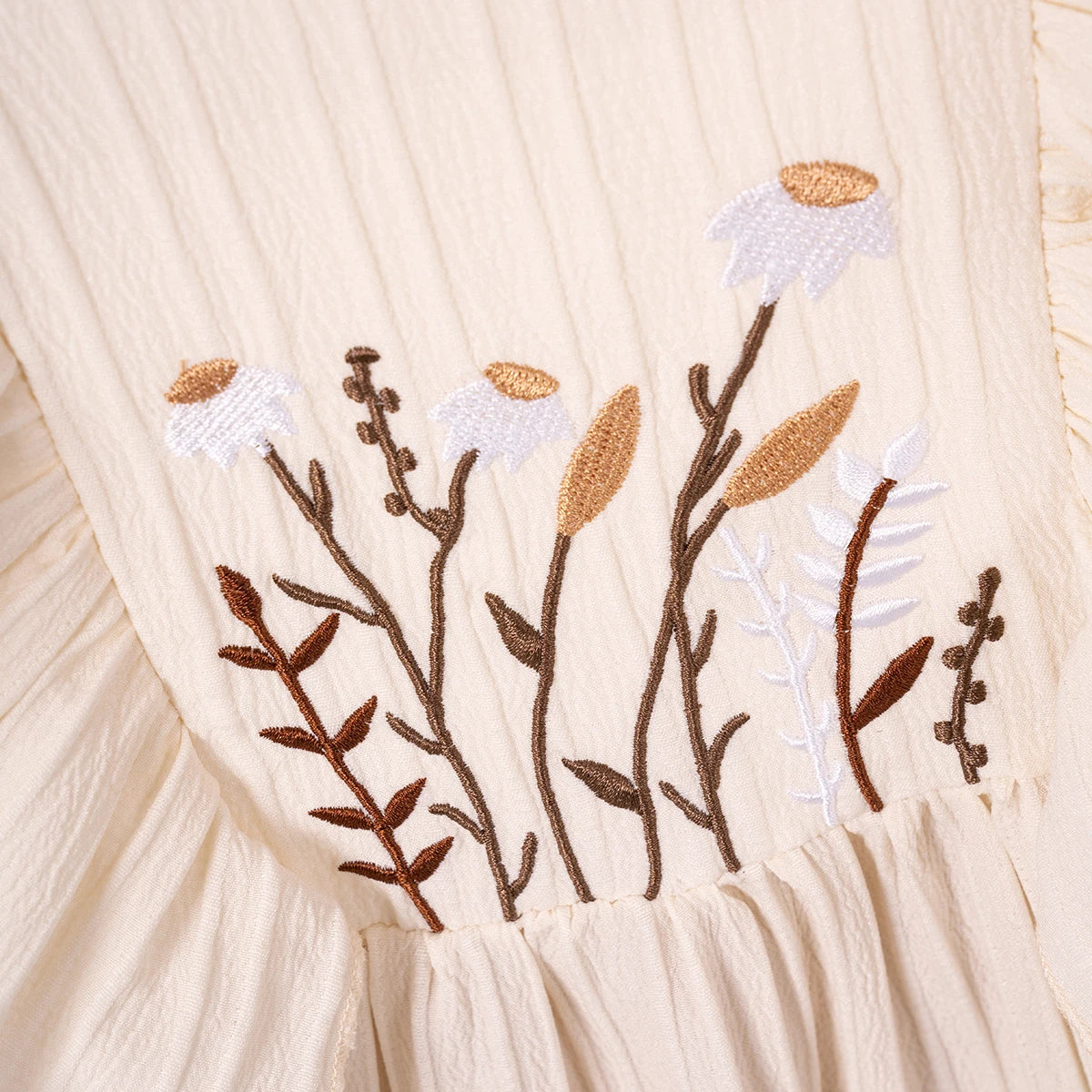 Baby Girl Summer Dress Embroidered Floral Details Sweet Solid Colour Round Neckline Fashionable Trendy Clothing