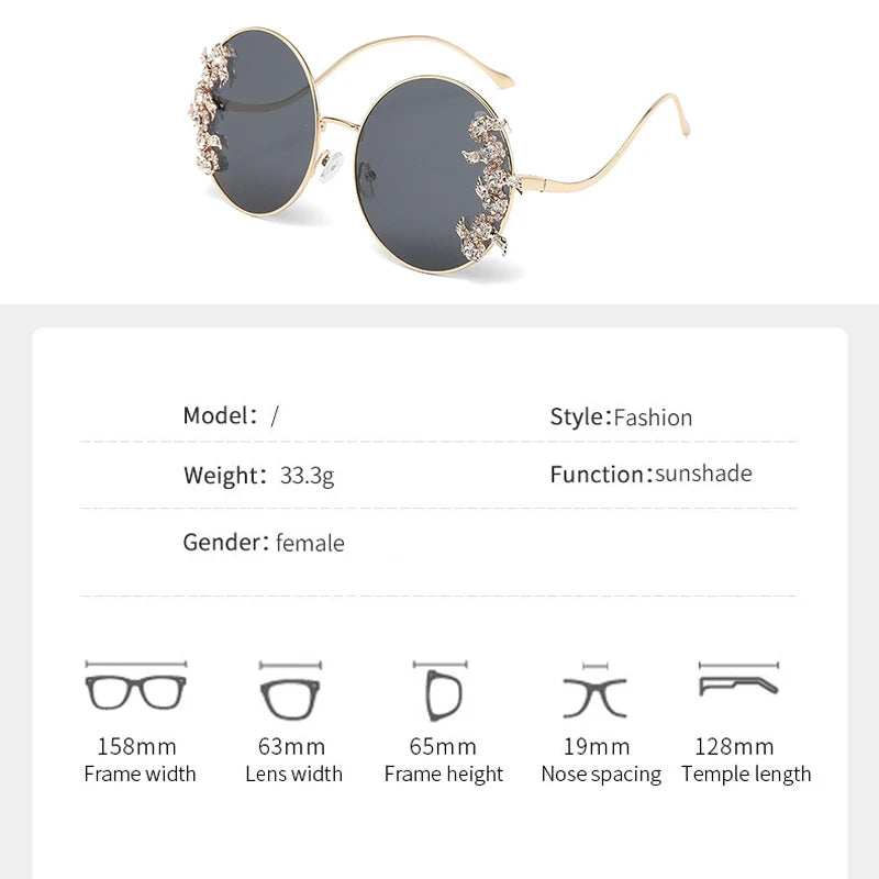 New Style Frameless Cut-edge Diamond Sunglasses With Wave Design, Temple Glasses, Fashionable Round Rhinestone Sunglasses