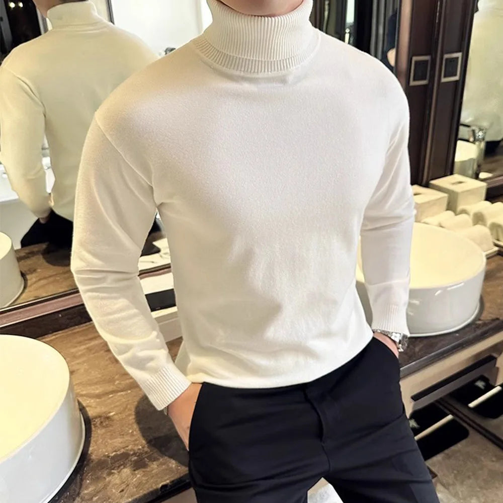 Korean Fashion Autumn Winter Sweaters Men Pullovers Fleece Turtleneck Knitted Sweatshirt Warm Bottoming Shirts