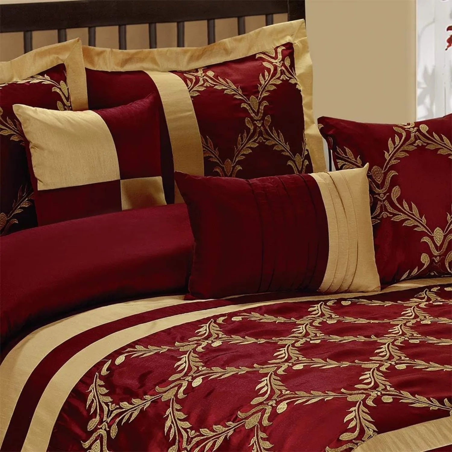 7 Piece Comforter Set King - Burgundy and Gold Faux Silk Fabric Embroidered - Claremont Bed in A Bag - Breathable and Wrinkle