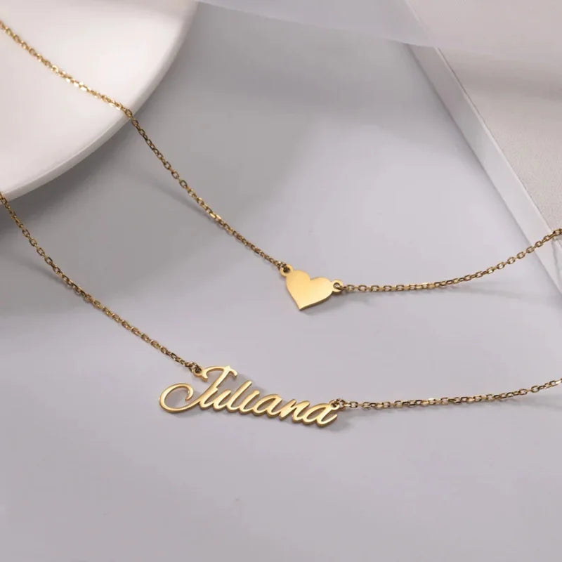 Personalized Double-strand Heart Name Necklace for Women Custom Layered Necklace Stainless Steel 18K Gold Plated Chain Jewelry