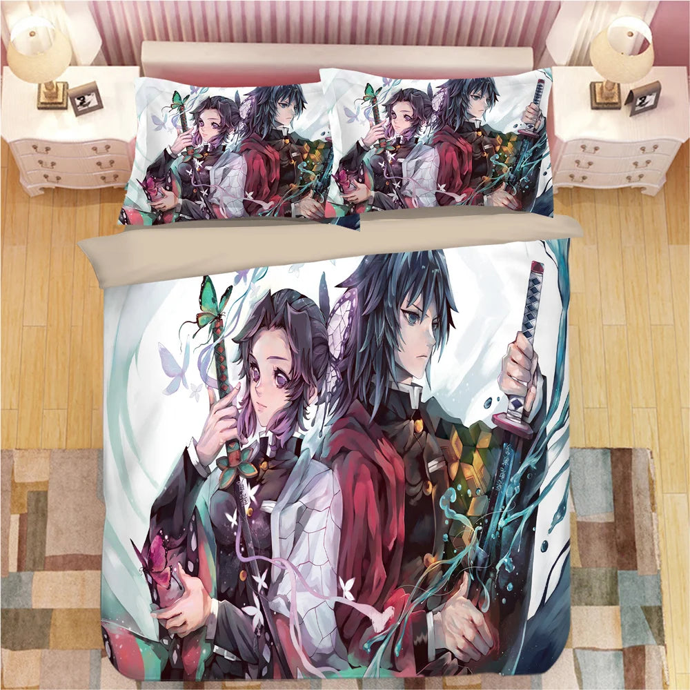 Demon Slayer Bedding Sets Cartoon Comforter Bed Linen Boys Kids Single Double Size Soft Bedclothes Home Decor Anime Duvet Covers
