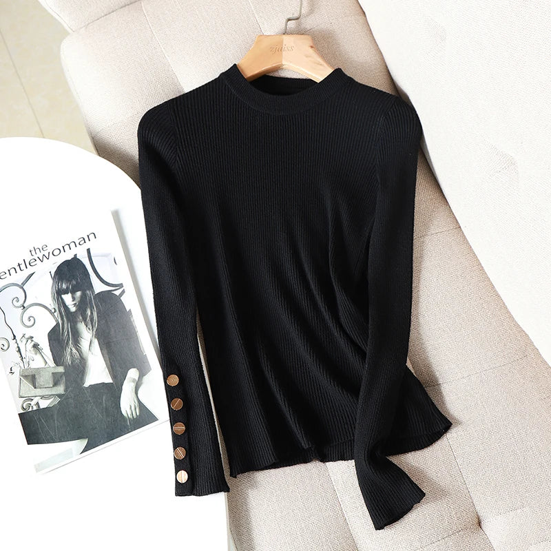 2025 Autumn Winter Casual Women Sweater Pullovers Button Long Sleeve O-neck Chic Sweater Female Slim Knitted Soft Jumper Tops