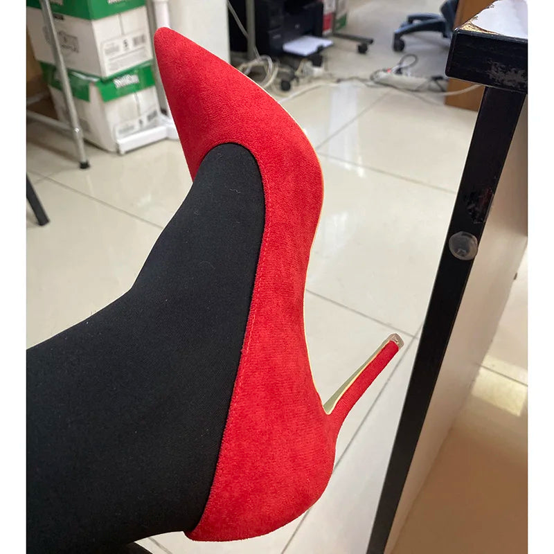 Women 9cm High Heels Yellow Burgundy Pumps Plus Size Stripper Suede Escarpins Lady Wedding Bridal Scarpins Green Blue Prom Shoes