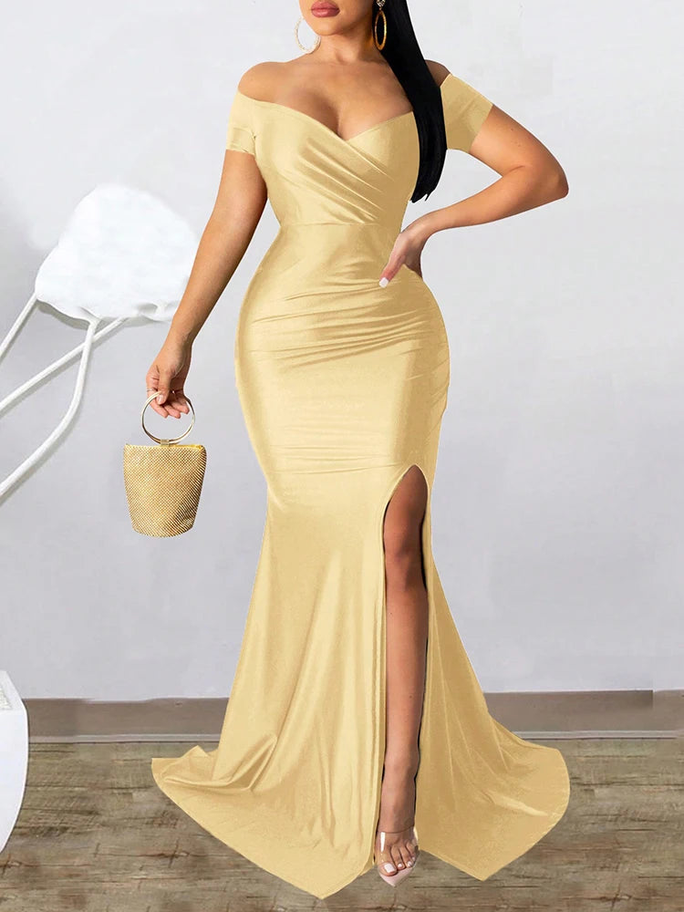 Classic High Slit Evening Dress Women Solid Maxi Long Dresses With Sleeves Wedding Bridesmaid Elegant Party Dresses 2025 Woman