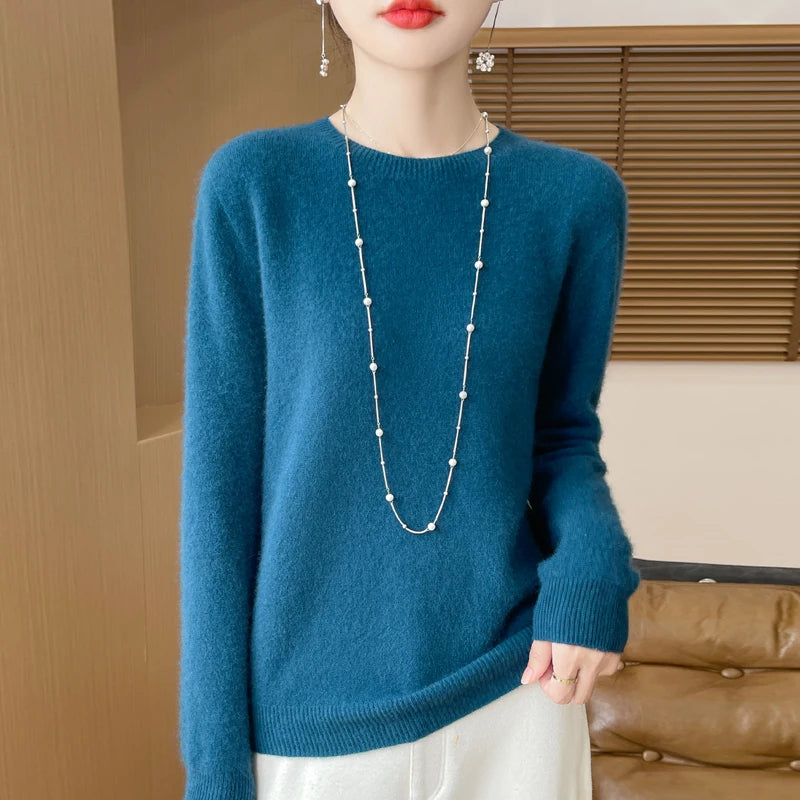 2024 Fashion 100% Merino Wool Sweater Cashmere Pullover O-Neck Long Sleeve Women Knitwear Autumn Winter Clothing Y2K Tops O Ling