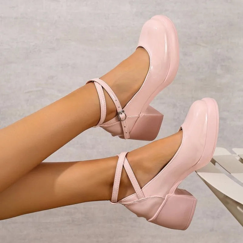 Fashion Ankle Strap Mary Janes Women 2025 PU Heel Pumps Woman  Party High Heels Shoes Female