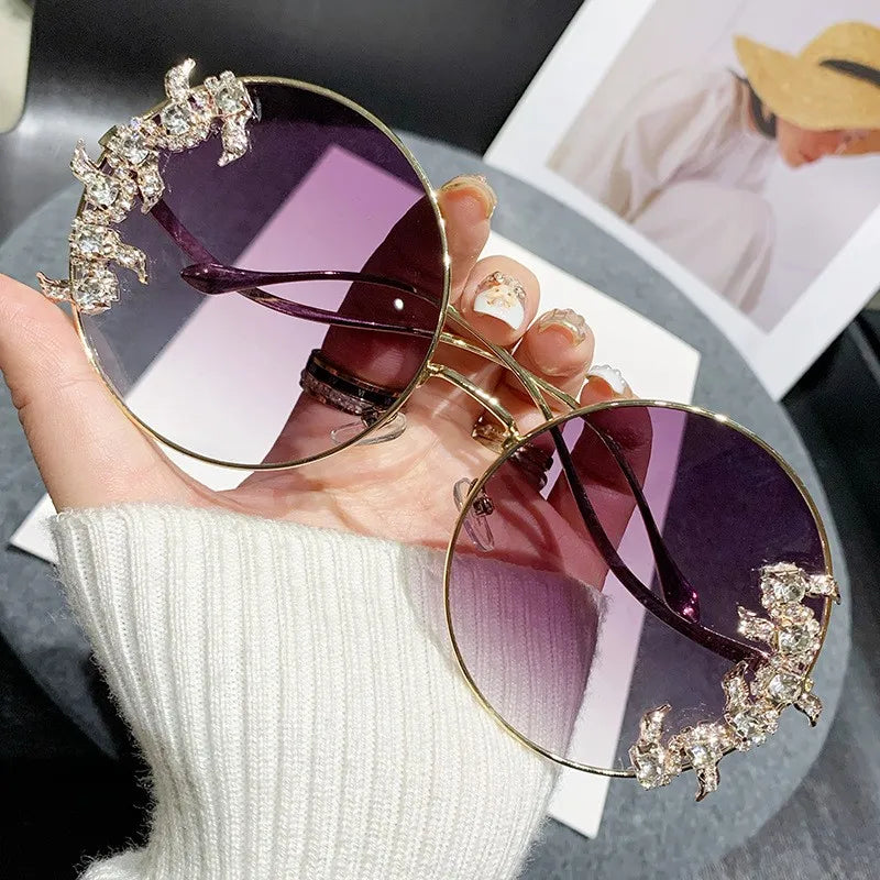 New Style Frameless Cut-edge Diamond Sunglasses With Wave Design, Temple Glasses, Fashionable Round Rhinestone Sunglasses