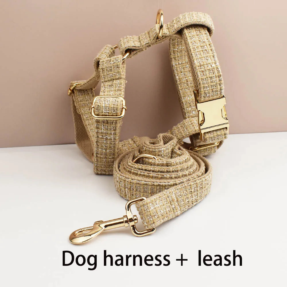 Light Khaki Dog Collar Harness And Leash Set with Custom Engraved Nameplate Personalized Pet Supplies for Dogs