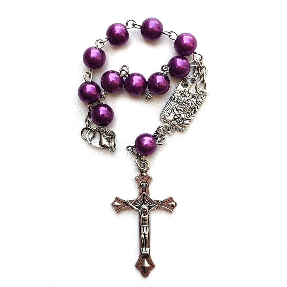 QIGO Purple Plastic Bead Cross Rosary Bracelets Car Pendant Catholic Praying Jewelry Gift