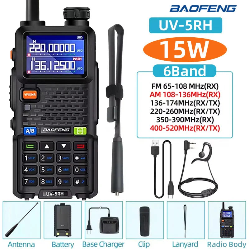Baofeng walkie talkie UV5RH 15W, six band wireless replication frequency, 999CH, USB transceiver, HAM, , 50KM