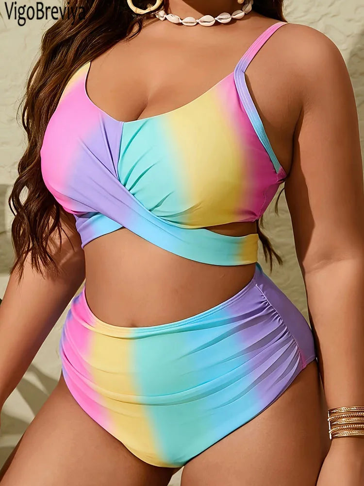 VigoBreviya 2025 Sexy Print 2 Piece Plus Size Bikini Women Cross Push Up Curvy Swimsuit High Waist Beach Lady Big Bathing Suit
