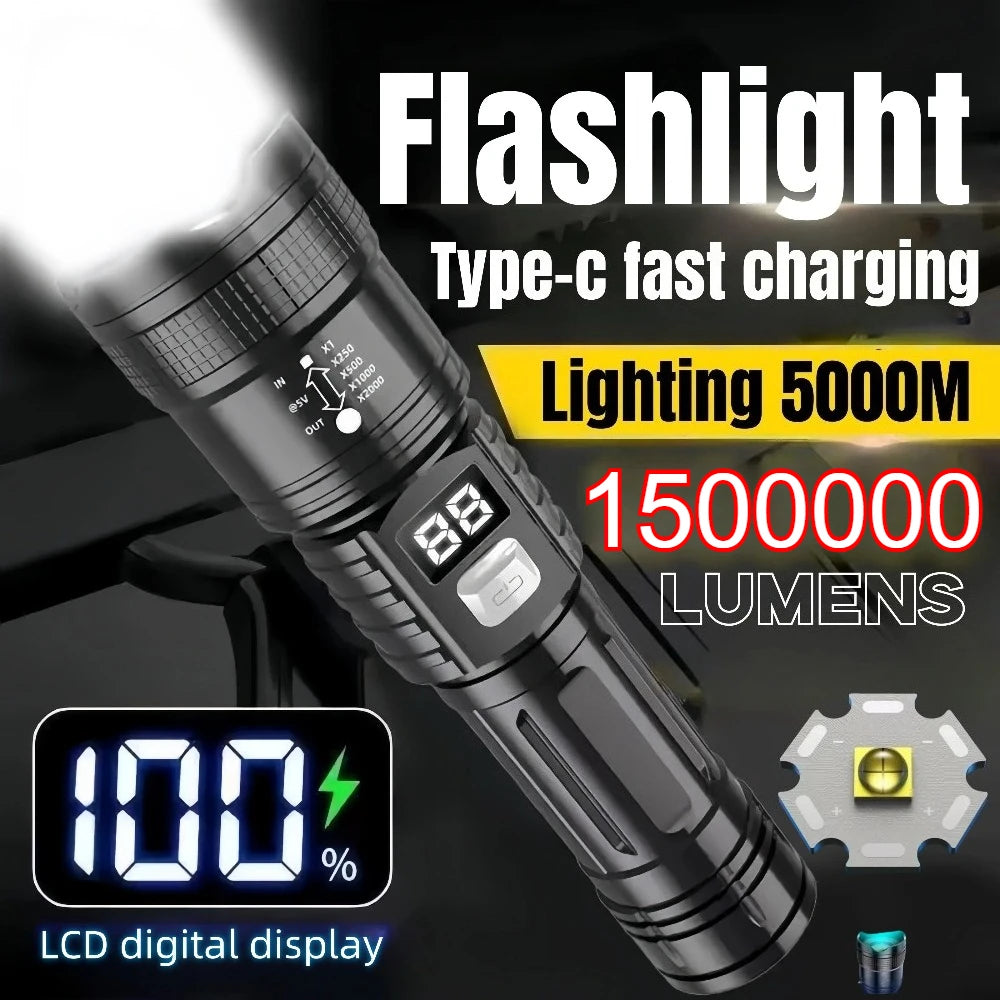 1500000LUM LED Flashlight High Power Type-C Rechargeable Torch Zoomable Light for Outdoor Camping Hiking Lamp Emergency Lantern