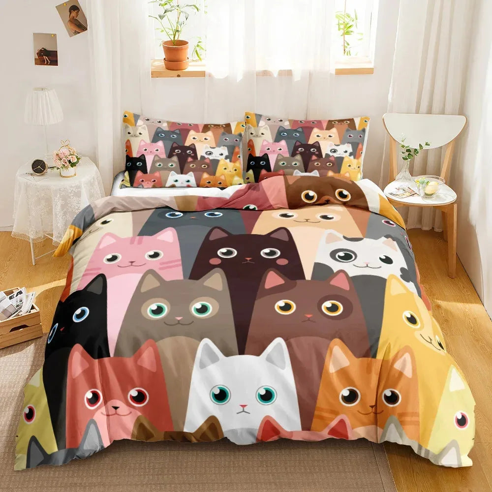 3PCS Single-sided Printed Bedding Set ,Comforter Cartoon Cute Cat Duvet Bedding Cover Pillows Comfortable Bedspreads Bedding Set