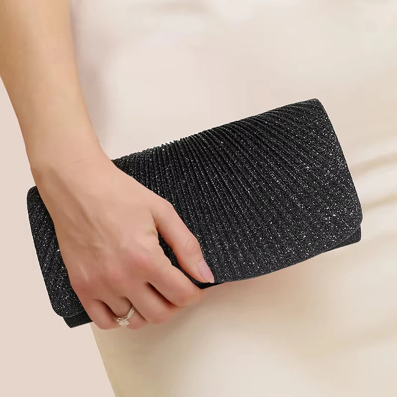 Female Fashionable  Pleated Evening Bag Diamond Wedding Clutch Purse with Long Chain Elegant Party Envelope Hangbag