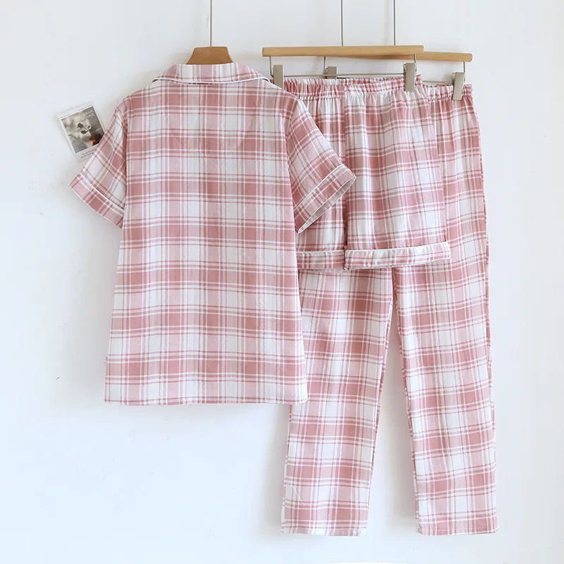 2025 New Summer Women's Pajama Set 100% Cotton Gauze Thin Short Sleeve+Shorts+Pants Simple Checkered Home Furnishing Set