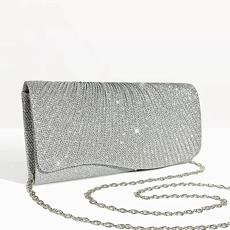 Female Fashionable  Pleated Evening Bag Diamond Wedding Clutch Purse with Long Chain Elegant Party Envelope Hangbag
