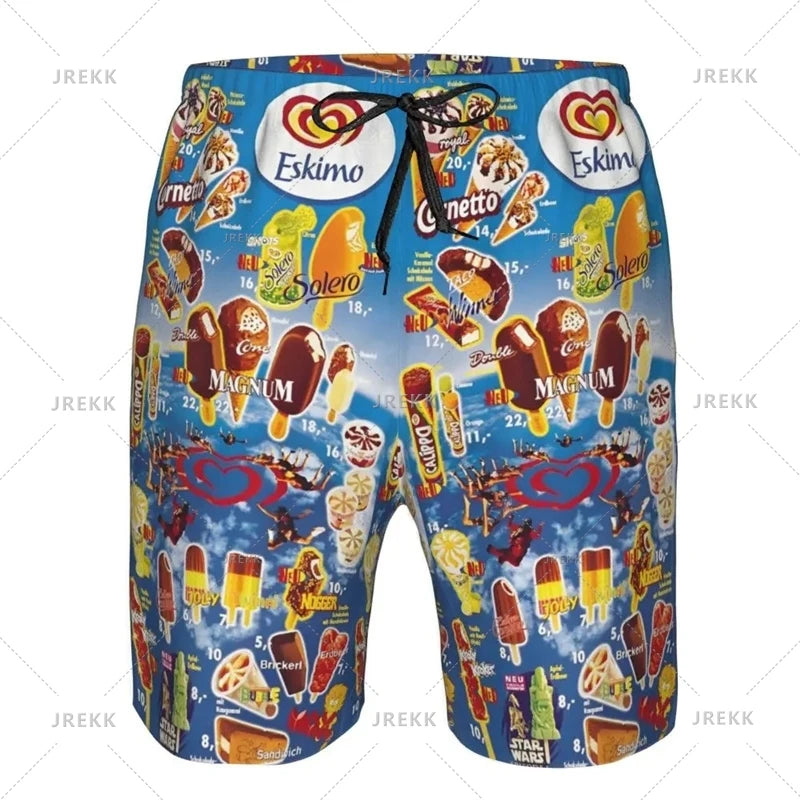 Ice Cream Poster Beach Shorts Men Kids Hot Sale Summer Popsicle Pattern Swimming Trunks Cool Street Oversized Short Pants
