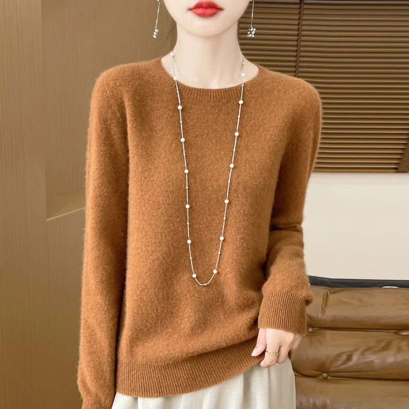 2024 Fashion 100% Merino Wool Sweater Cashmere Pullover O-Neck Long Sleeve Women Knitwear Autumn Winter Clothing Y2K Tops O Ling