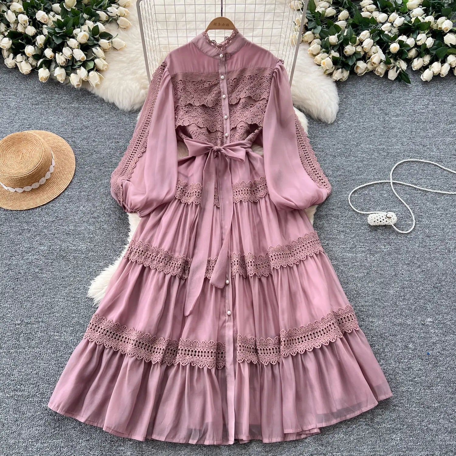 Elegant Hollow Out Organza Long Maxi Dresses Shirt Women Spring Summer Layer Ruffle Full Sleeve Pearl Evening Party Vestidos
