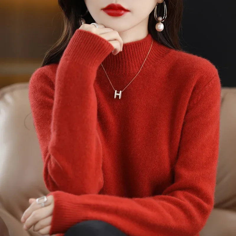 Women's Knitwear Autumn Winter Sweater Korean Basic Solid Long Sleeve Pullovers Warm Bottoming Shirts Half High Collar Black Red