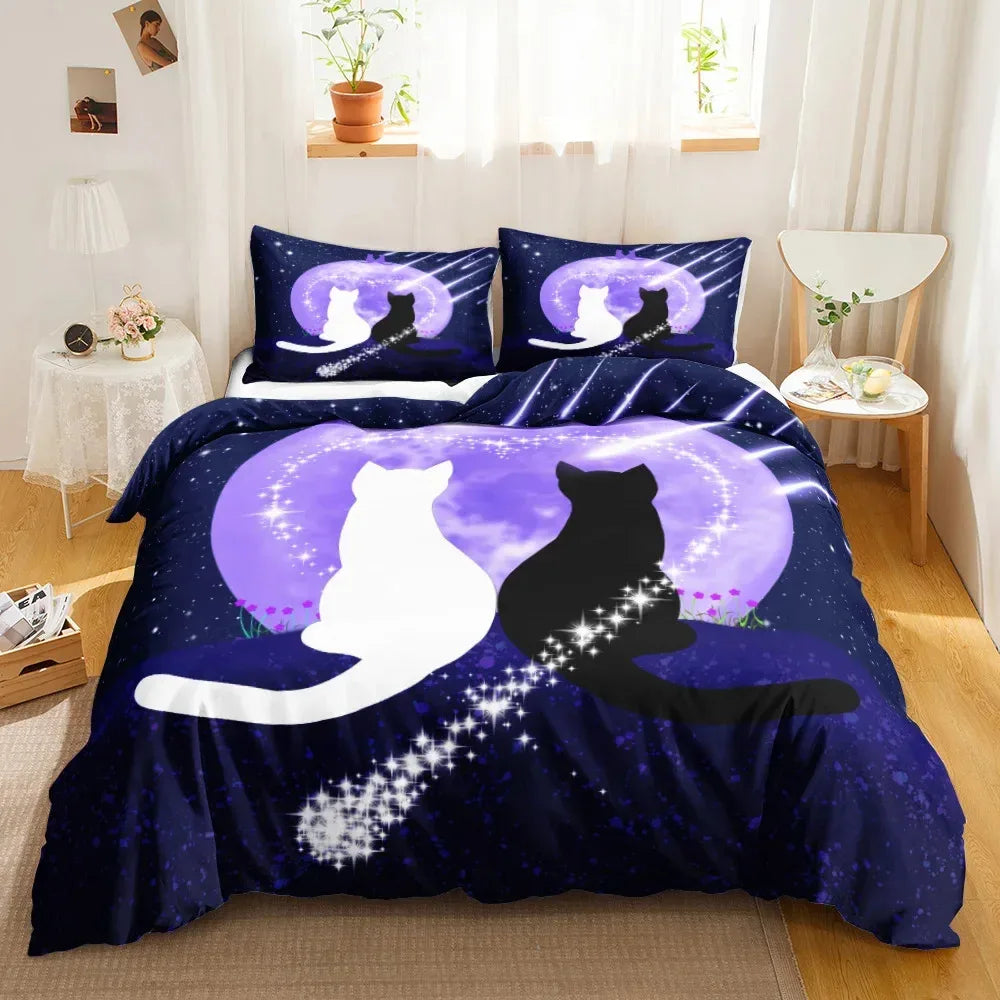 3PCS Single-sided Printed Bedding Set ,Comforter Cartoon Cute Cat Duvet Bedding Cover Pillows Comfortable Bedspreads Bedding Set