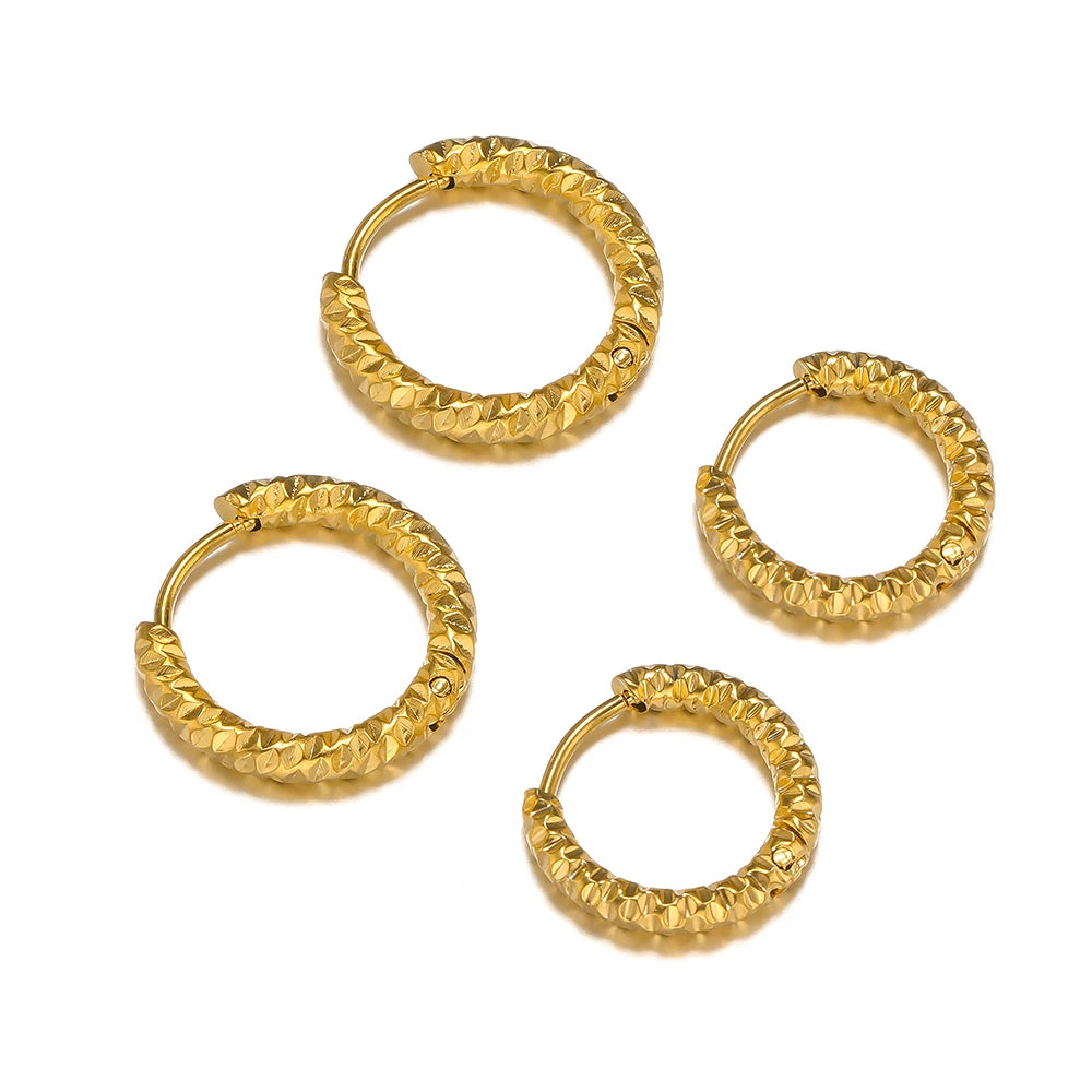 6pcs Stainless Steel Round Embossing Ear Rings PVD Gold Plated Korean Earrings Hoops Earring for Women Female Girls Metal Luxury