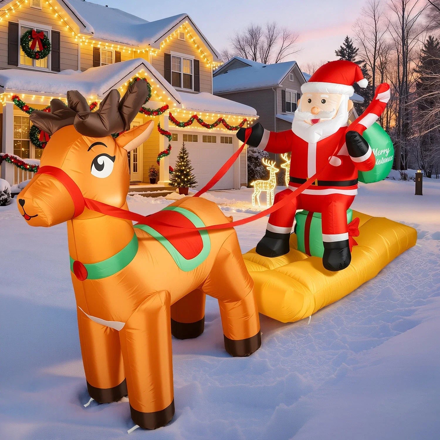 Christmas Inflatable Outdoor Decoration Santa Claus On Sleigh With Reindeer With LED Light Xmas Blow Up Model For Party Yard