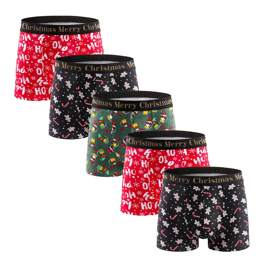5pcs Christmas Print Men's Underpants Shorts Letter Waistband Boxer Briefs Brand Men Panties Cotton Underwear Man Boxers Trunks