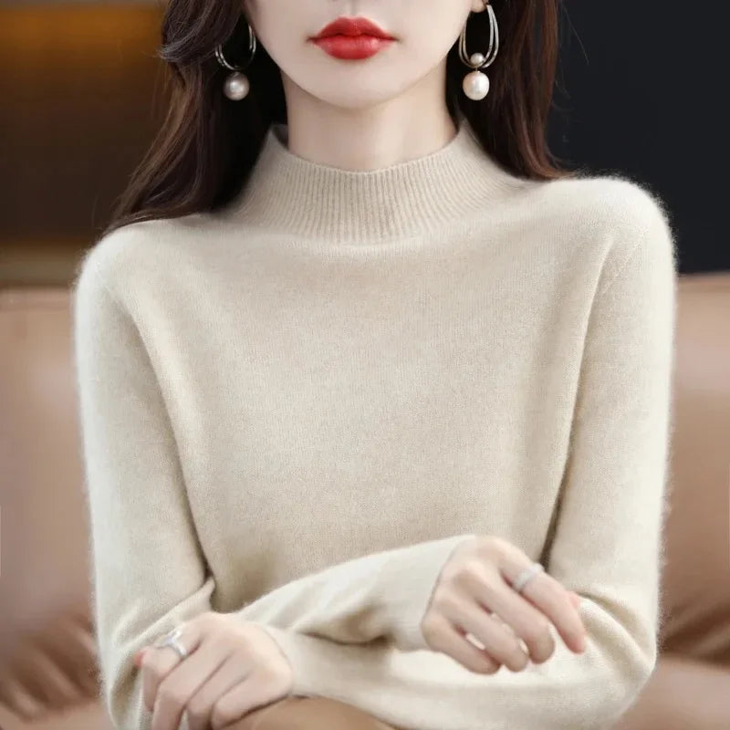 Women's Knitwear Autumn Winter Sweater Korean Basic Solid Long Sleeve Pullovers Warm Bottoming Shirts Half High Collar Black Red