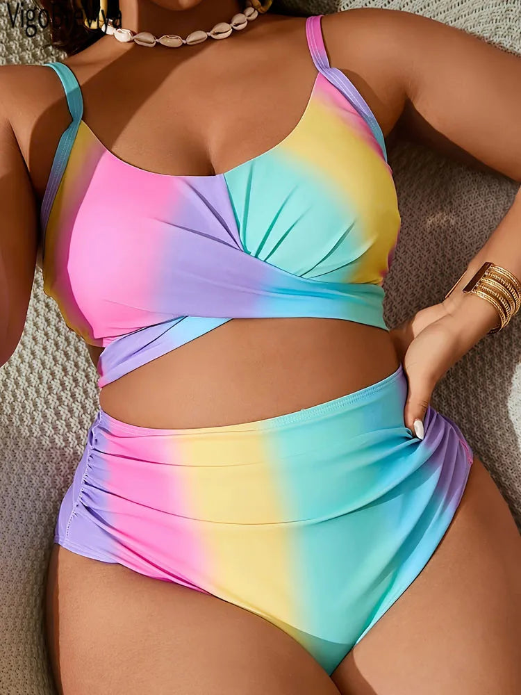 VigoBreviya 2025 Sexy Print 2 Piece Plus Size Bikini Women Cross Push Up Curvy Swimsuit High Waist Beach Lady Big Bathing Suit