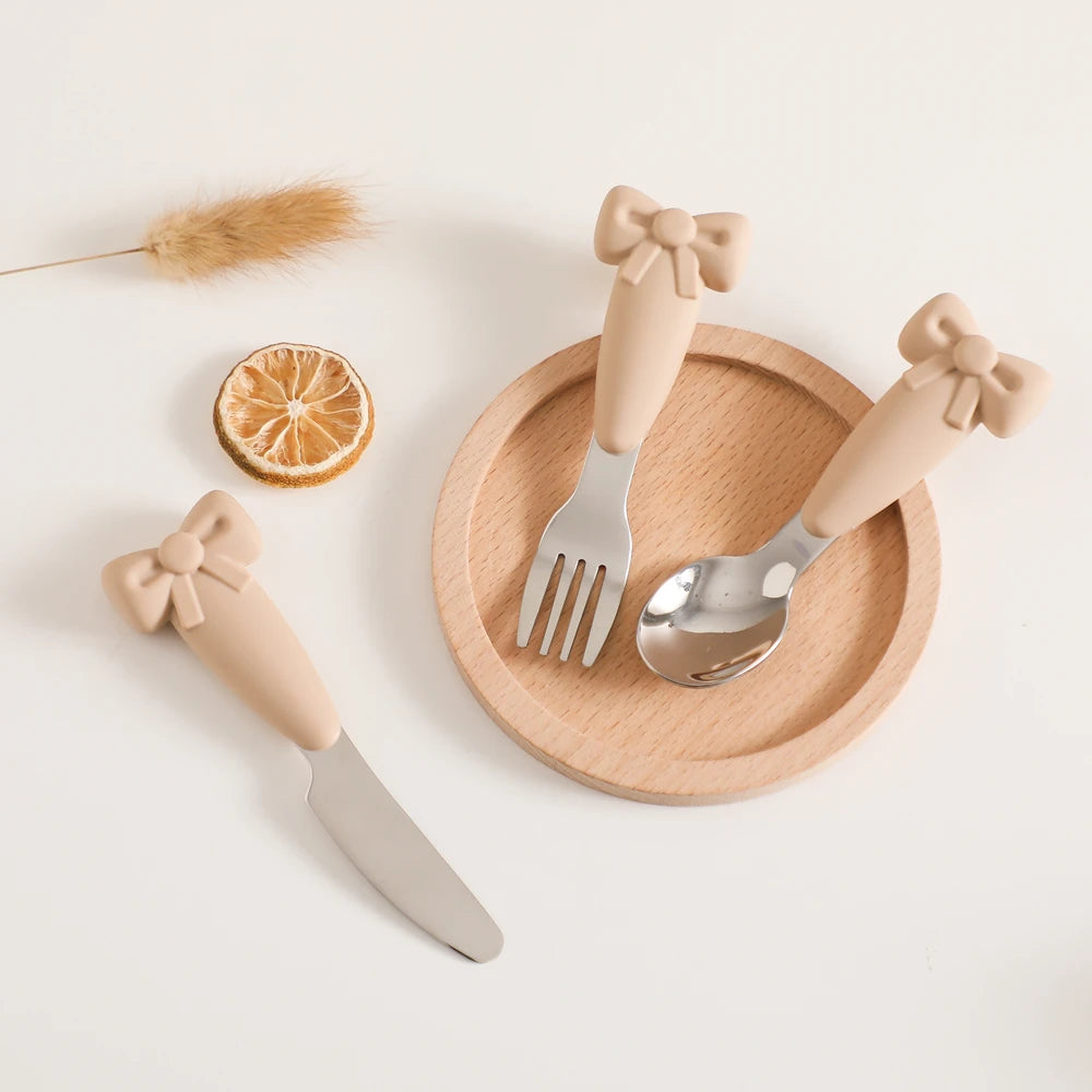 Baby Tableware Set BPA Free Silicone Bow Dish Tie Bowl Fork Food Plate Stainless Spoon Non-slip Tableware Newborn Feeding Tool