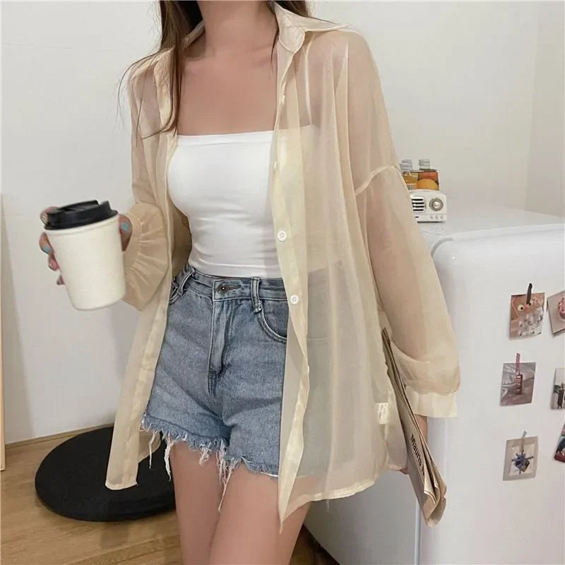 Xpqbb Women's White Chiffon Shirt Sheer Thin Long Sleeve Sun Protection Blouse Woman Casual Loose Simple Single-breasted Shirts