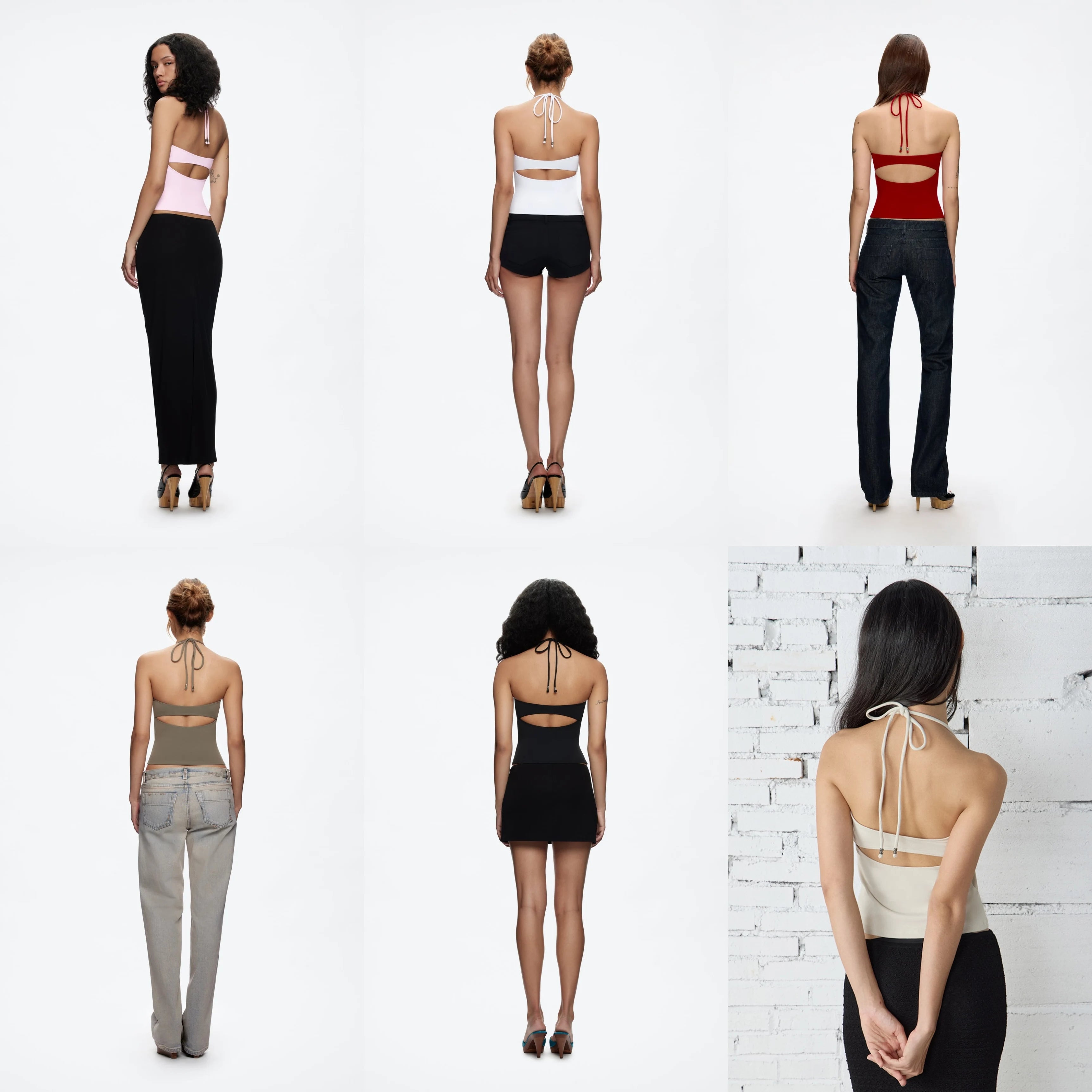 Tank Women's Open-Back Stretchy Camisole Top with Metal Accessories and Self-Tie Shoulder Straps, Low-Neck Sexy Halter Top