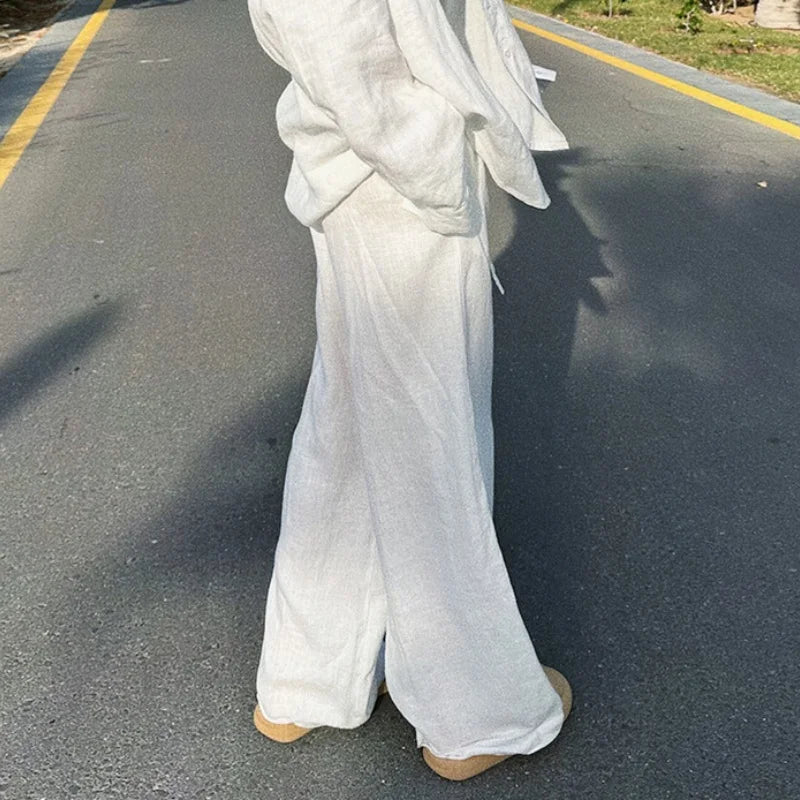 Casual Oversized White Solid Wide Leg Pants Fashion Women Elastic High Waist Pocket Baggy Sweatpant Office Lady Commute Trousers
