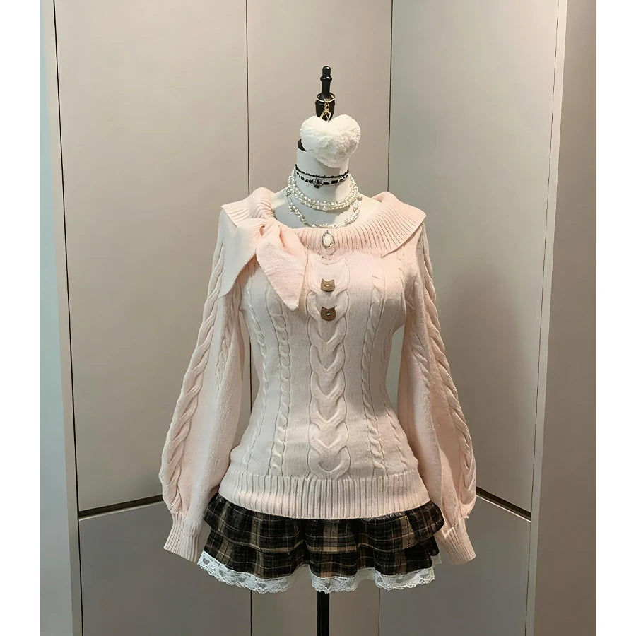 Autumn Winter Woman Korean Fashion Cute Pullover Sweet 2000s Sweater Elegant Oversize Knitwears Designer Aesthetic Chic Coquette