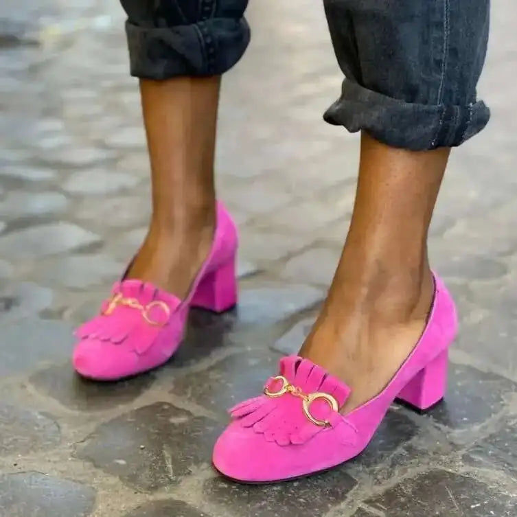 Pink Fringed Metal Buckle Pumps Round Toe Suede Chunky Heels Women Shoes Loafers