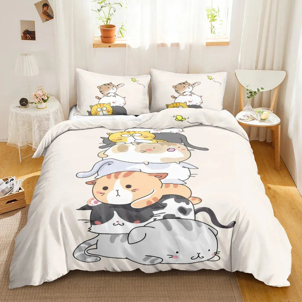 3PCS Single-sided Printed Bedding Set ,Comforter Cartoon Cute Cat Duvet Bedding Cover Pillows Comfortable Bedspreads Bedding Set