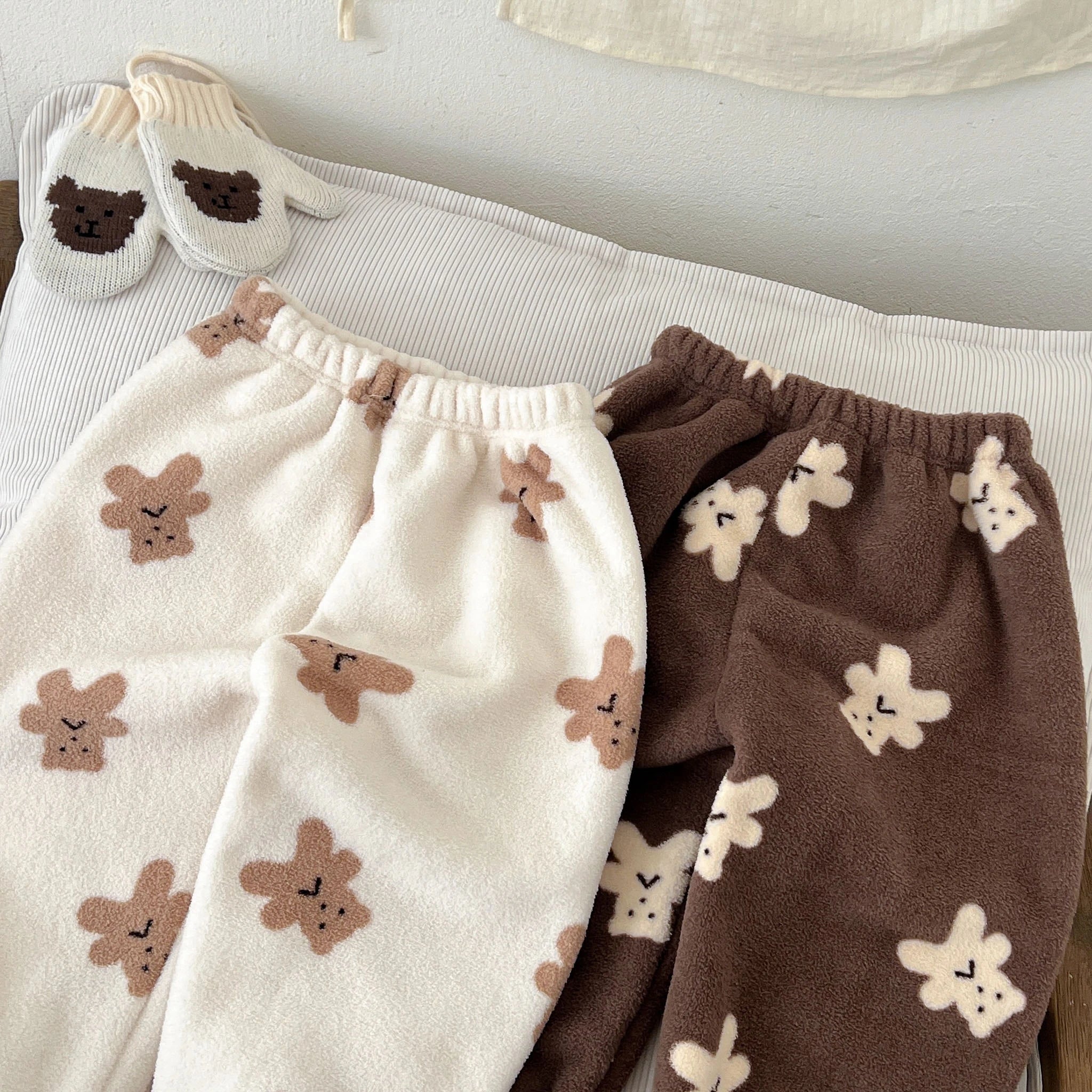 Cute Little Bear Plush Pants For Baby Boys Girls Pajamas Pants Cartoon Fashion Full Print Pants Home Wear Loose Casual Trousers