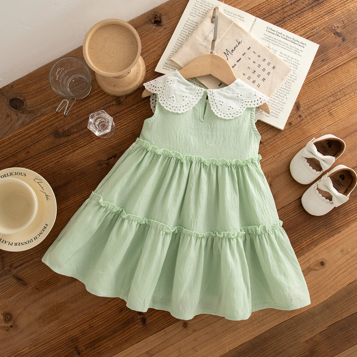Summer New Solid Color Lace Trim Doll Neck Gentle Baby Dresses Cute Casual Baby Girl's Girl Princess Dresses