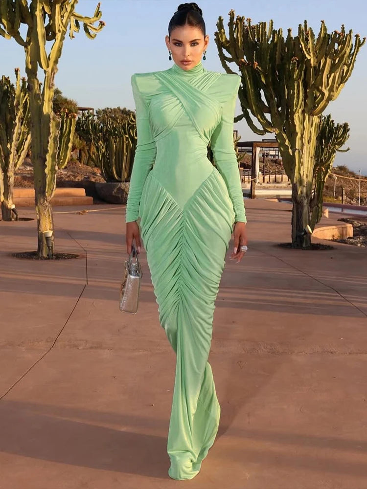 Weird Puss Autumn New Style Maxi Dress Women Turtleneck Full Sleeve Backless Skinny Stretch  Prom Party Ruched Elegant Vestidos