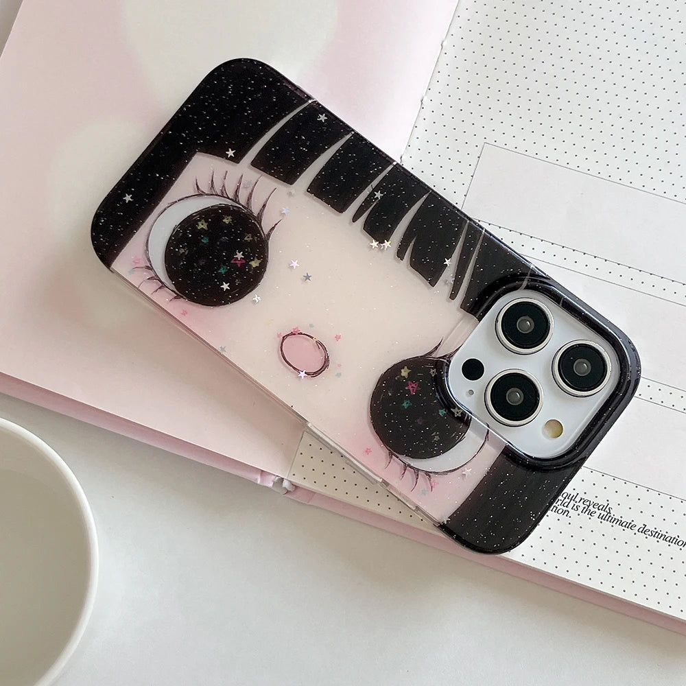 Cartoon Anime Shinning Eyes Cute Phone Case for IPhone 17 16 15 14 13 Pro Max Girl Glittering Big Eyes Back Phone Cover Capa