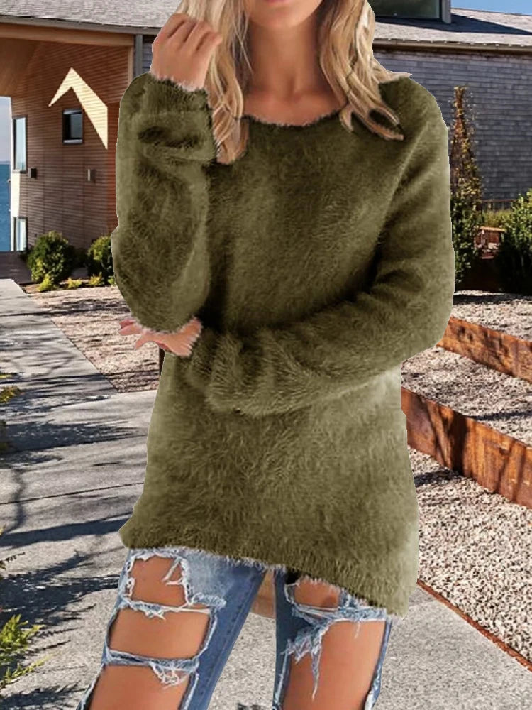 Women Cotton Warm Knitted Sweater Solid Color O Neck Loose Pullover Long Sweater Casual Oversize Blouse Ladies Hipster Clothing