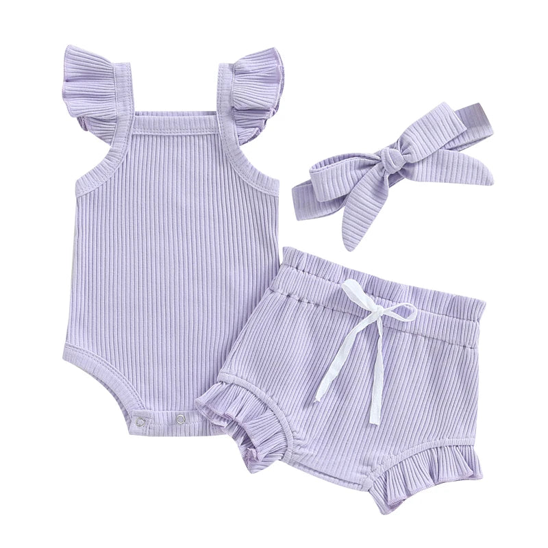 Newborn Baby Girl Clothes Summer Outfit Ruffle Sleeveless Knit Romper Top Bloomer Shorts Set
